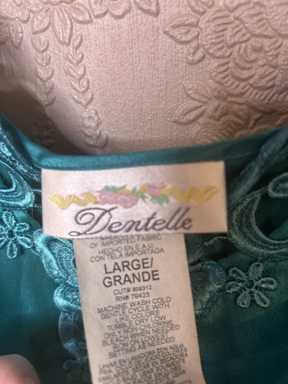 Vintage Turquoise Satin Chemise with Embroidered V-Neck - Picture 3 of 6